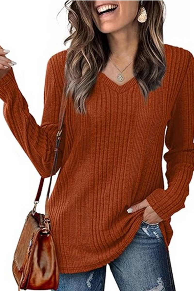 CWOSWL6559_V-NECK SOLID COLOR LONG-SLEEVED KNITTED SWEATER