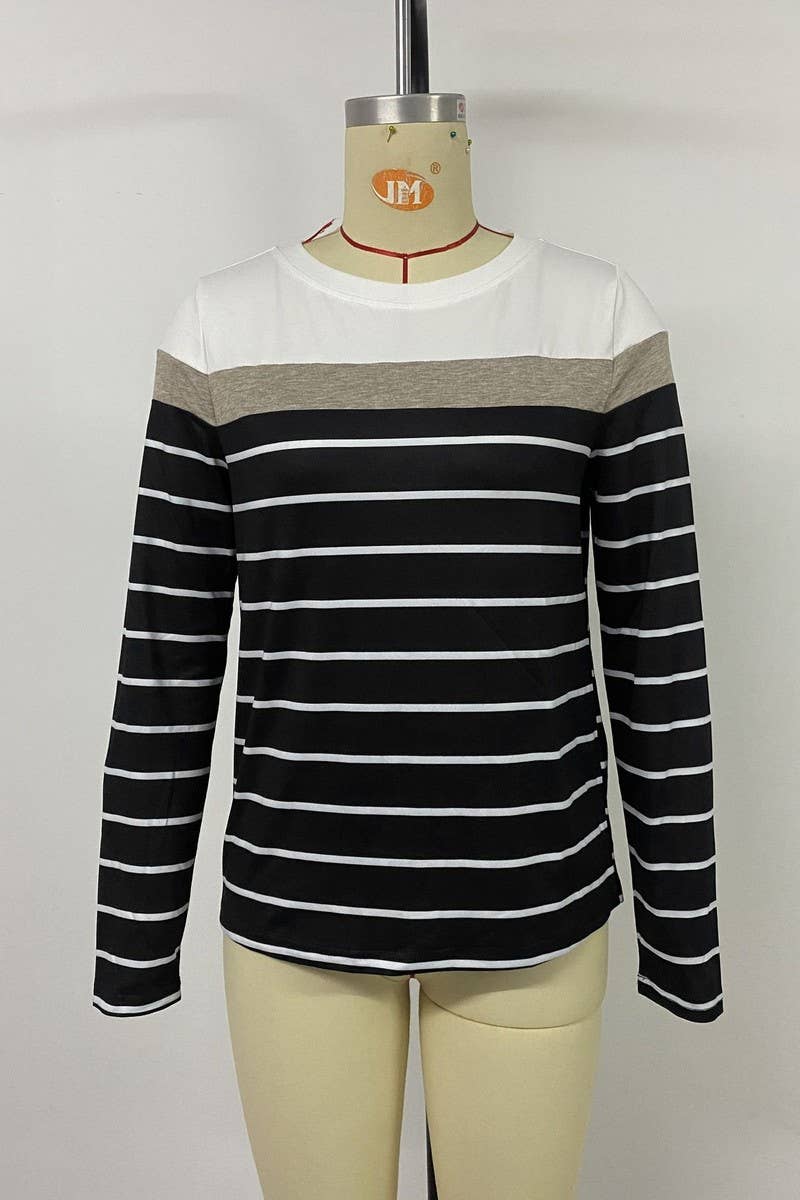CWTBLL3573_2025 NEW STYLE SPLICING LONG SLEEVE STRIPED T-SHI