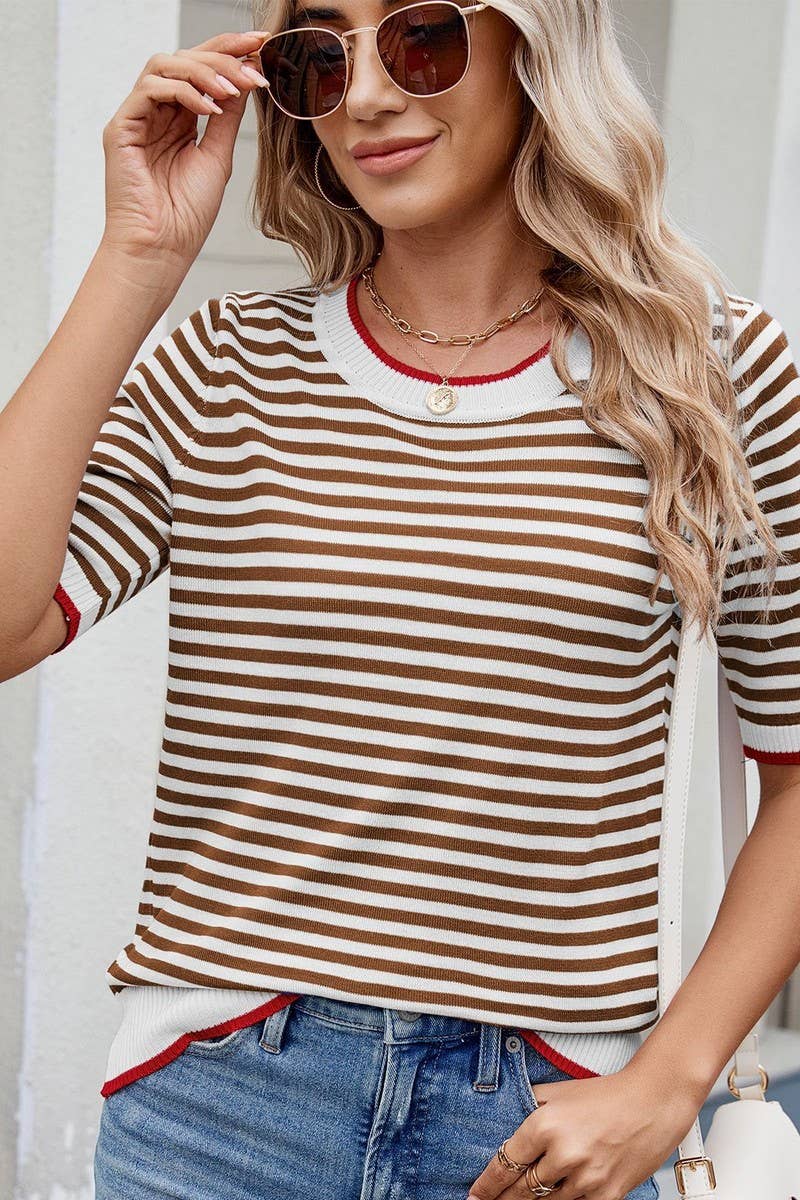 CWTBLS02495_STRIPED KNITTED ICE SILK SHORT-SLEEVED TOP