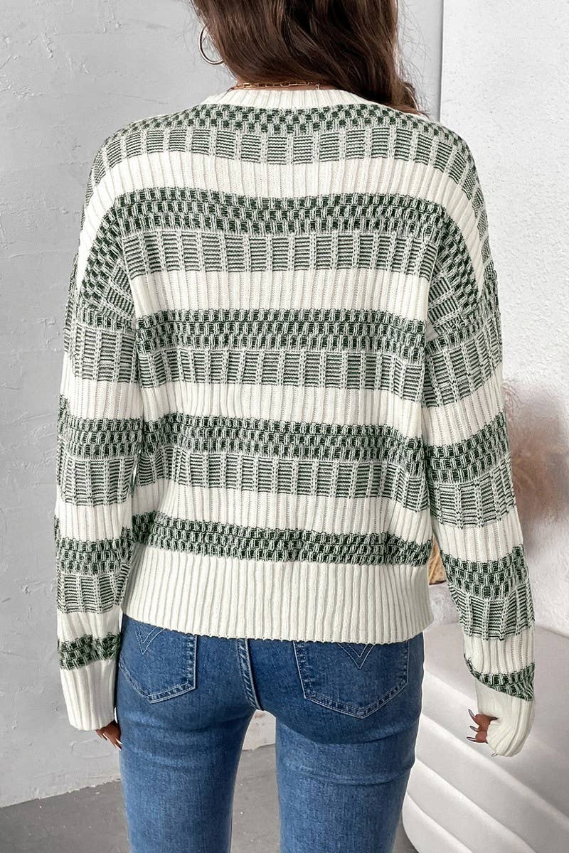 CWOSWL5167_CASUAL STRIPED CONTRAST CREW NECK KNIT SWEATER