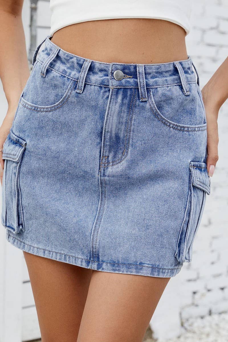 CWJSK00229_WASHED VINTAGE DENIM WORK POCKET SKIRT