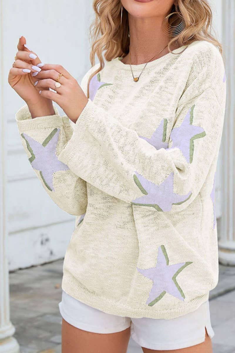 CWOSWL5205_FALL CREW NECK KNITTED STAR LONG SLEEVE SWEATER
