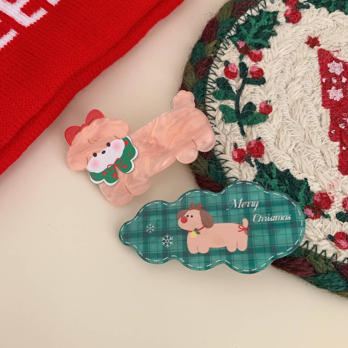 CWAHA07722_CHRISTMAS CARTOON CAT DOG ACRYLIC HAIR CLIP