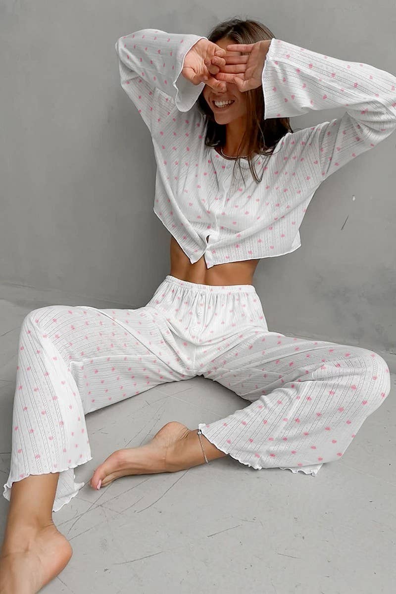 CWSPJ0220_KNITTED HEART PRINT PAJAMAS TWO-PIECE SET