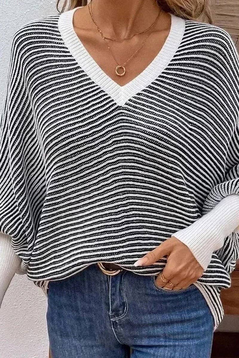 CWOSWL07305_LOOSE STRIPED V-NECK BATWING KNIT PULLOVER