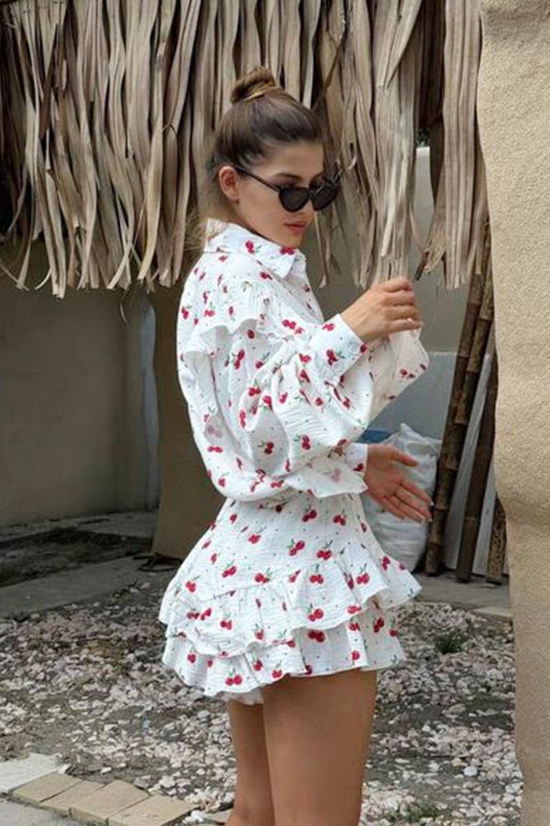 CWSTB1809_COTTON FLORAL RUFFLE SHIRT & SHORTS SET