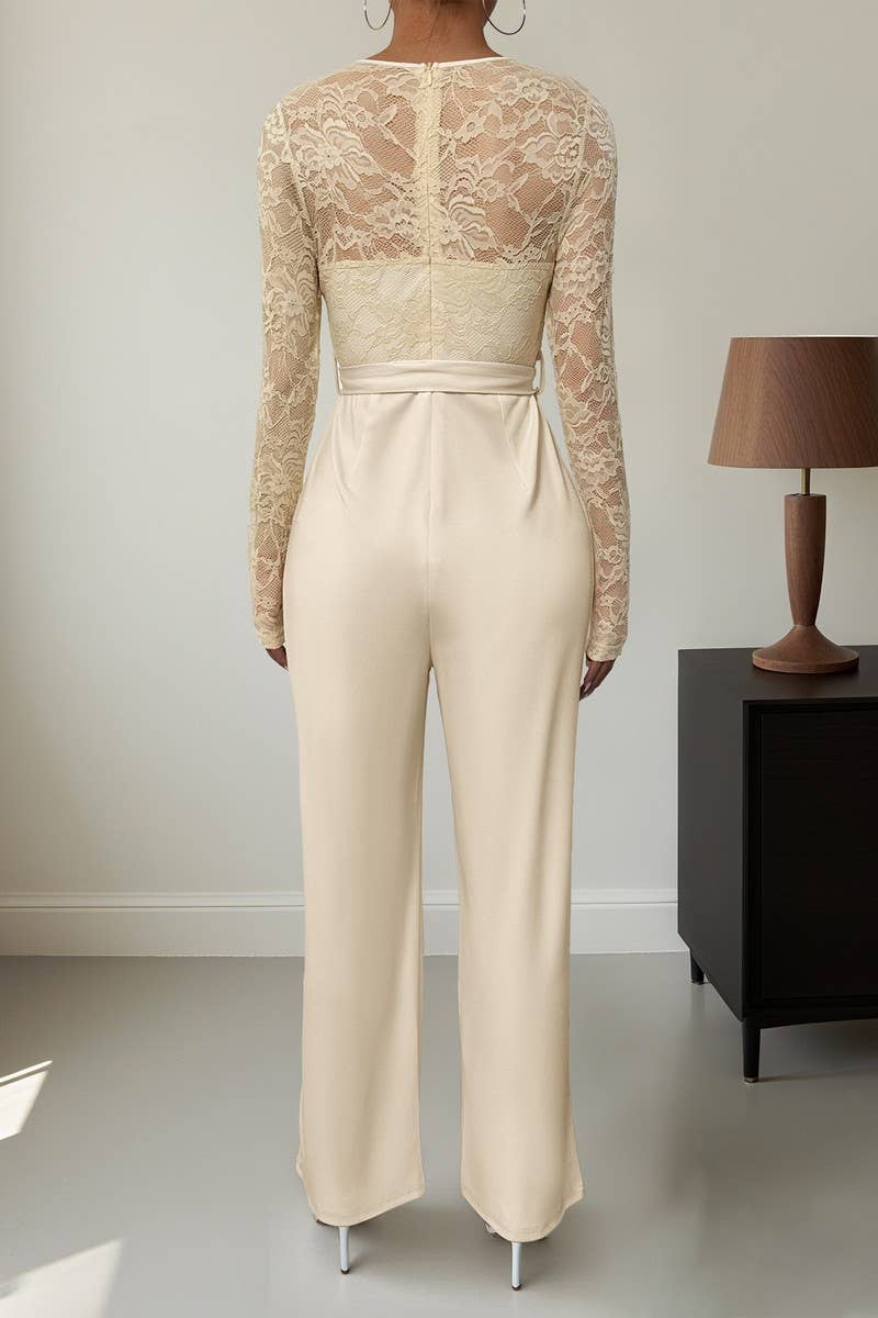 CWSJS00276_LACE PATCHWORK ZIP TIE SOLID LOOSE JUMPSUIT