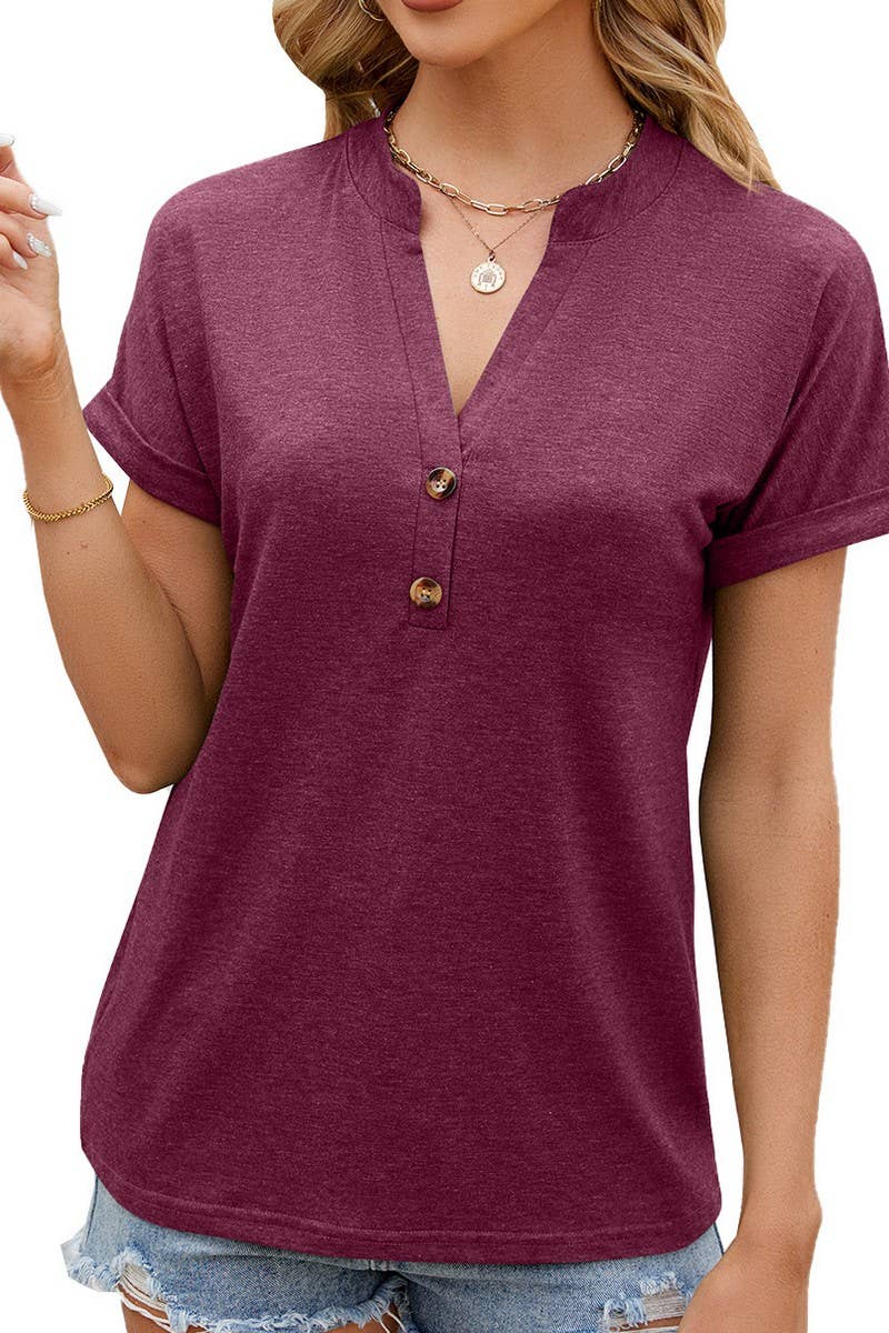 CWTBLS0866_V-NECK SOLID COLOR BUTTON-DOWN SHORT-SLEEVED TOP
