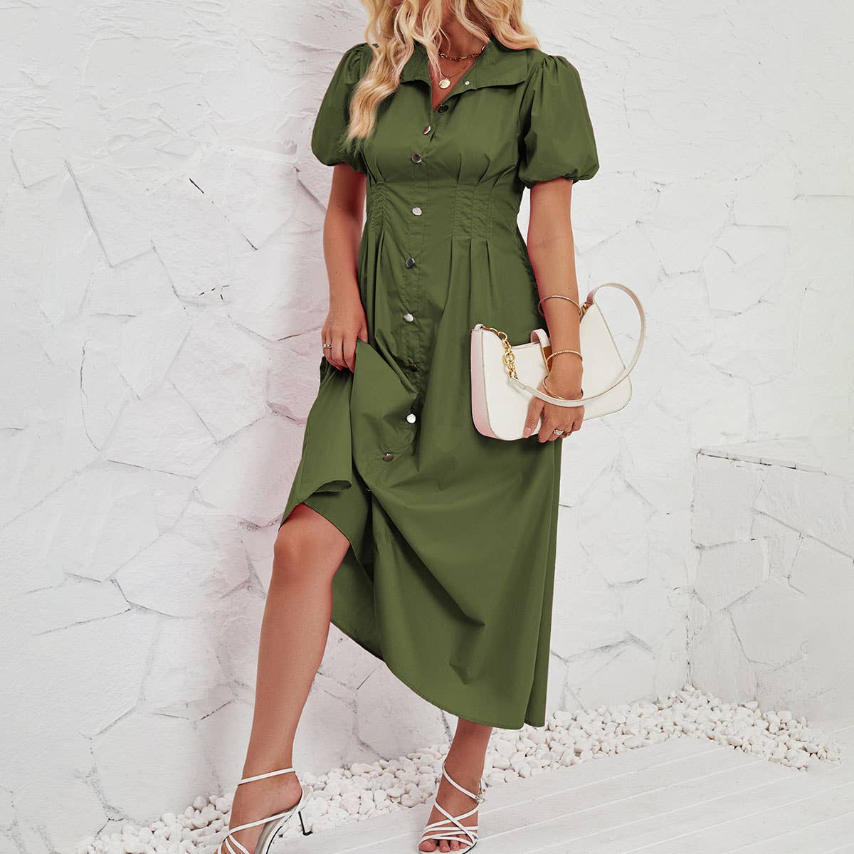 Button-down waist cotton shirt dress
