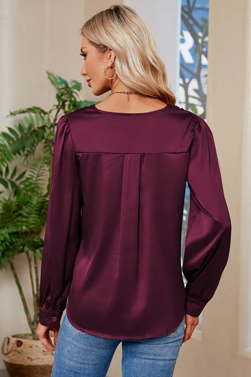 CWTBLL2445_SATIN V-NECK PLEATED LONG-SLEEVED SHIRT TOP