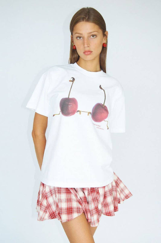 CWTTS1286_CHERRY PRINT LOOSE ROUND NECK PULLOVER T-SHIRT
