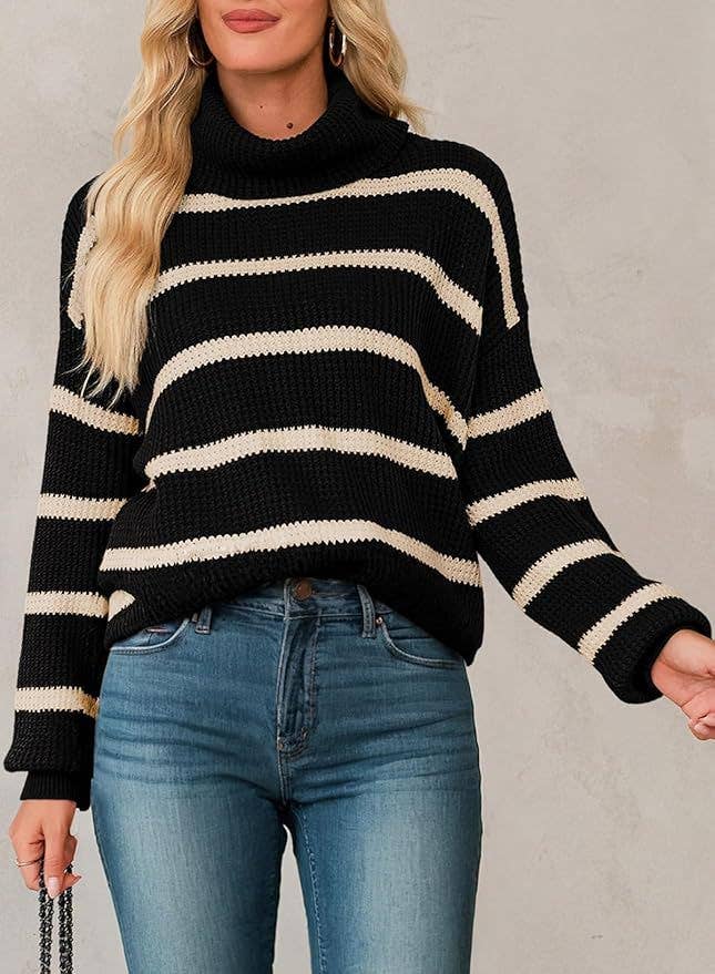 CASUAL TURTLENECK KNIT STRIPED PULLOVER SWEATER