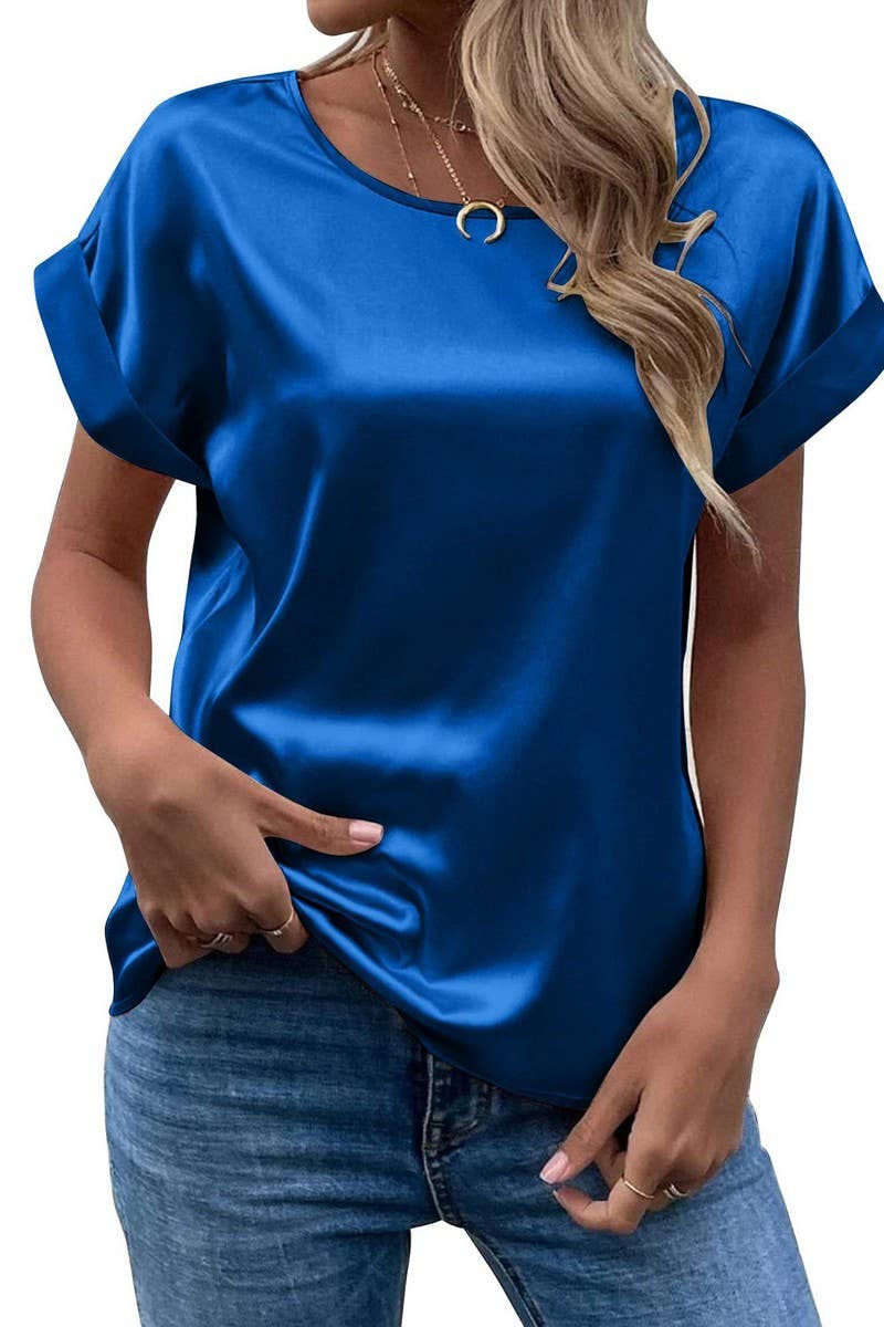 CWTBLS1775_SATIN ROUND NECK LOOSE SHORT-SLEEVED TOP