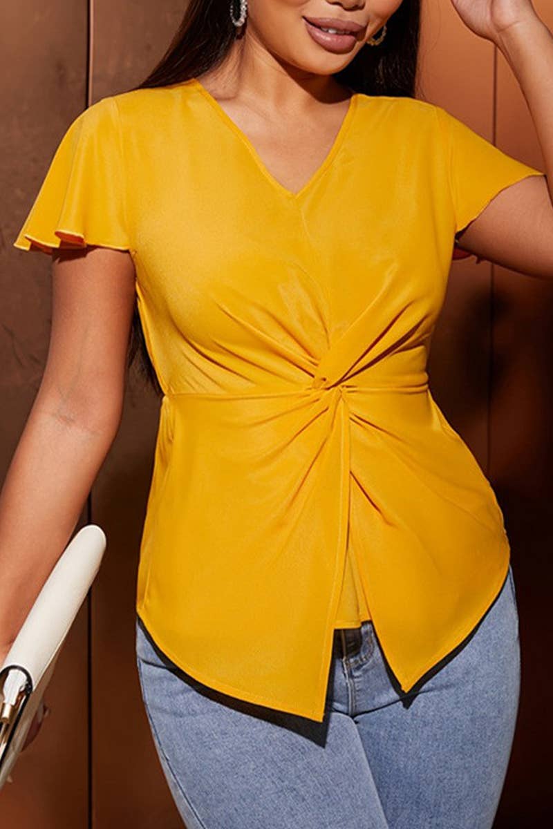 CWTTS1407_V-NECK NEW CASUAL WAIST FLYING SLEEVE T-SHIRT