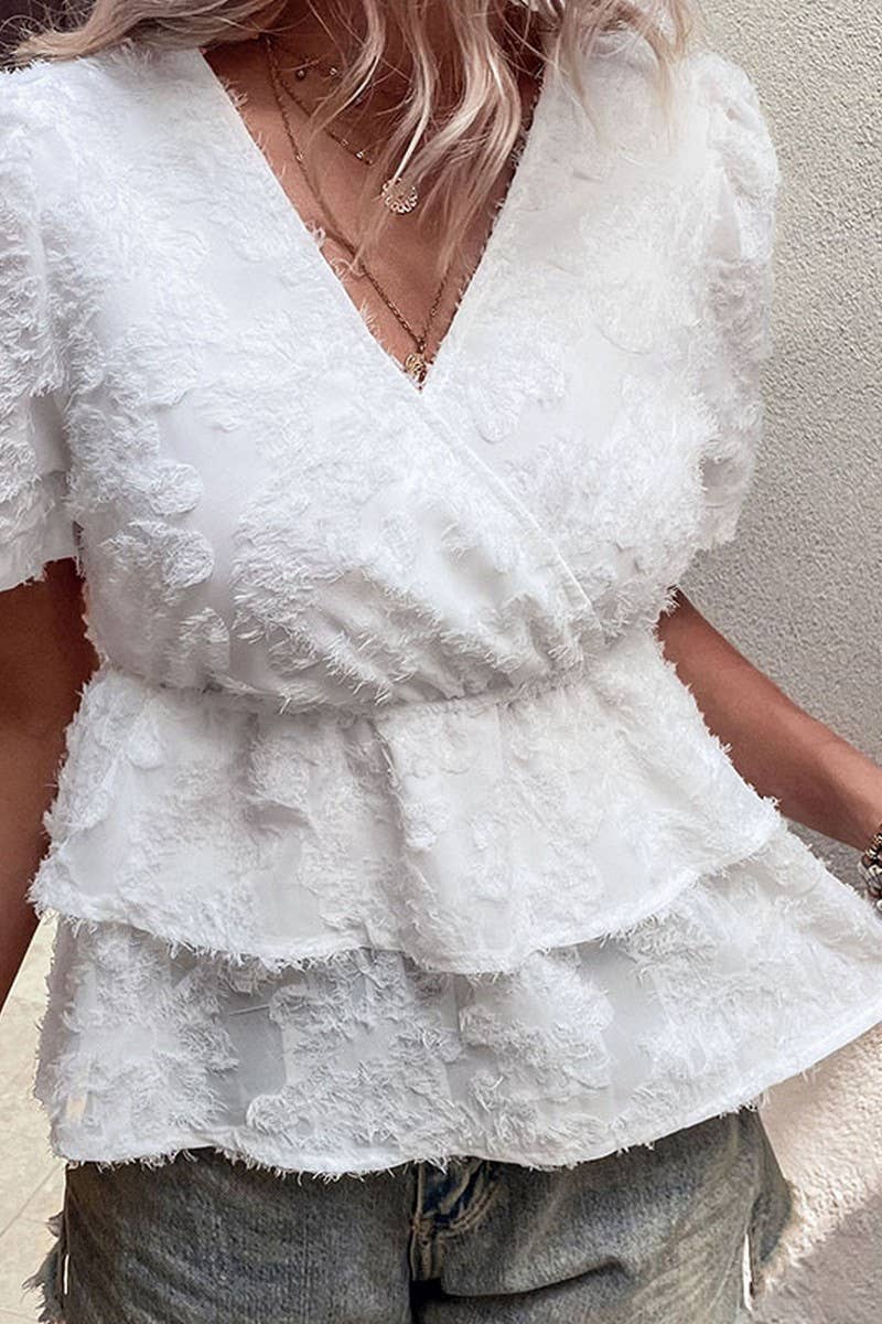 CWTBLS0380_Deep V-Neck Wrap Short Sleeve Detailed Tiered Top