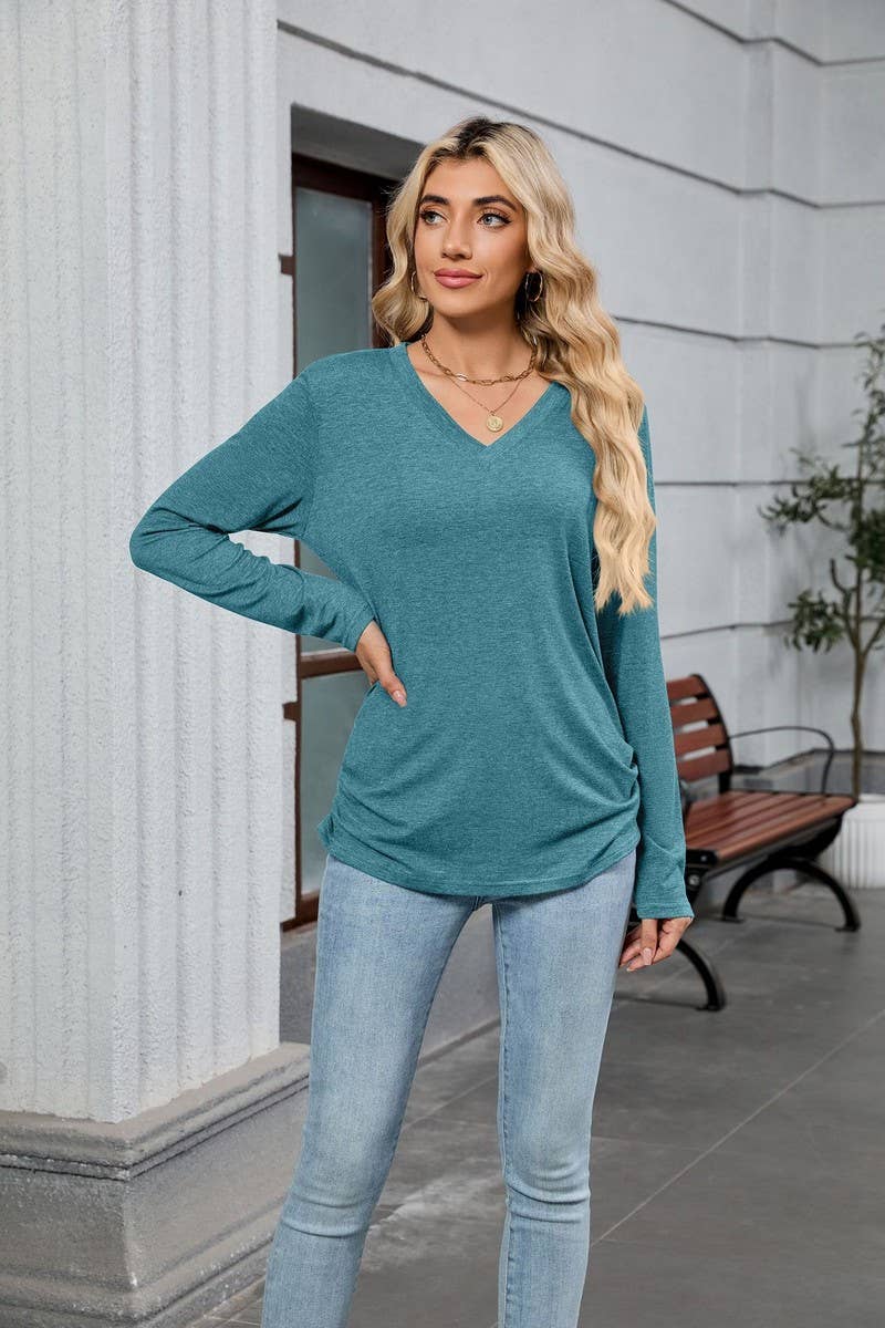 CWTBLL4019_SOLID V-NECK LOOSE FIT LONG SLEEVE T-SHIRT