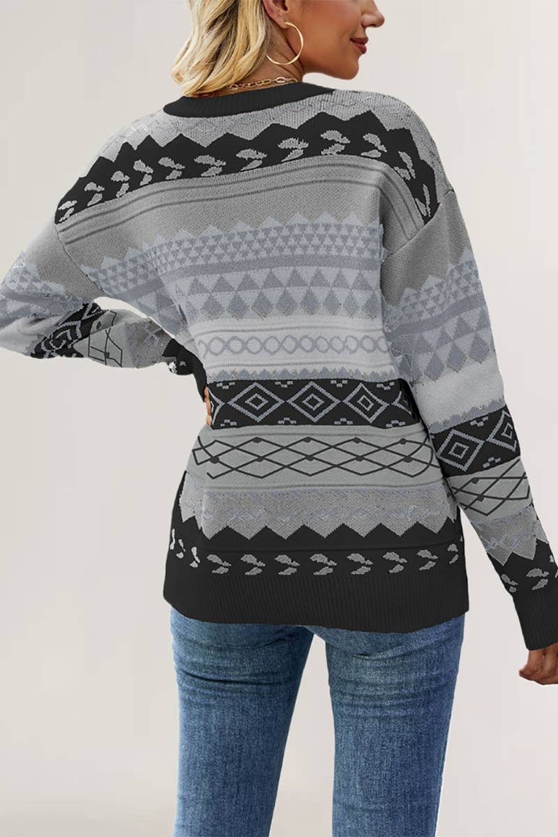 CWOSWL5878_KNITTED DIAMOND SHAPE LONG-SLEEVED SWEATER