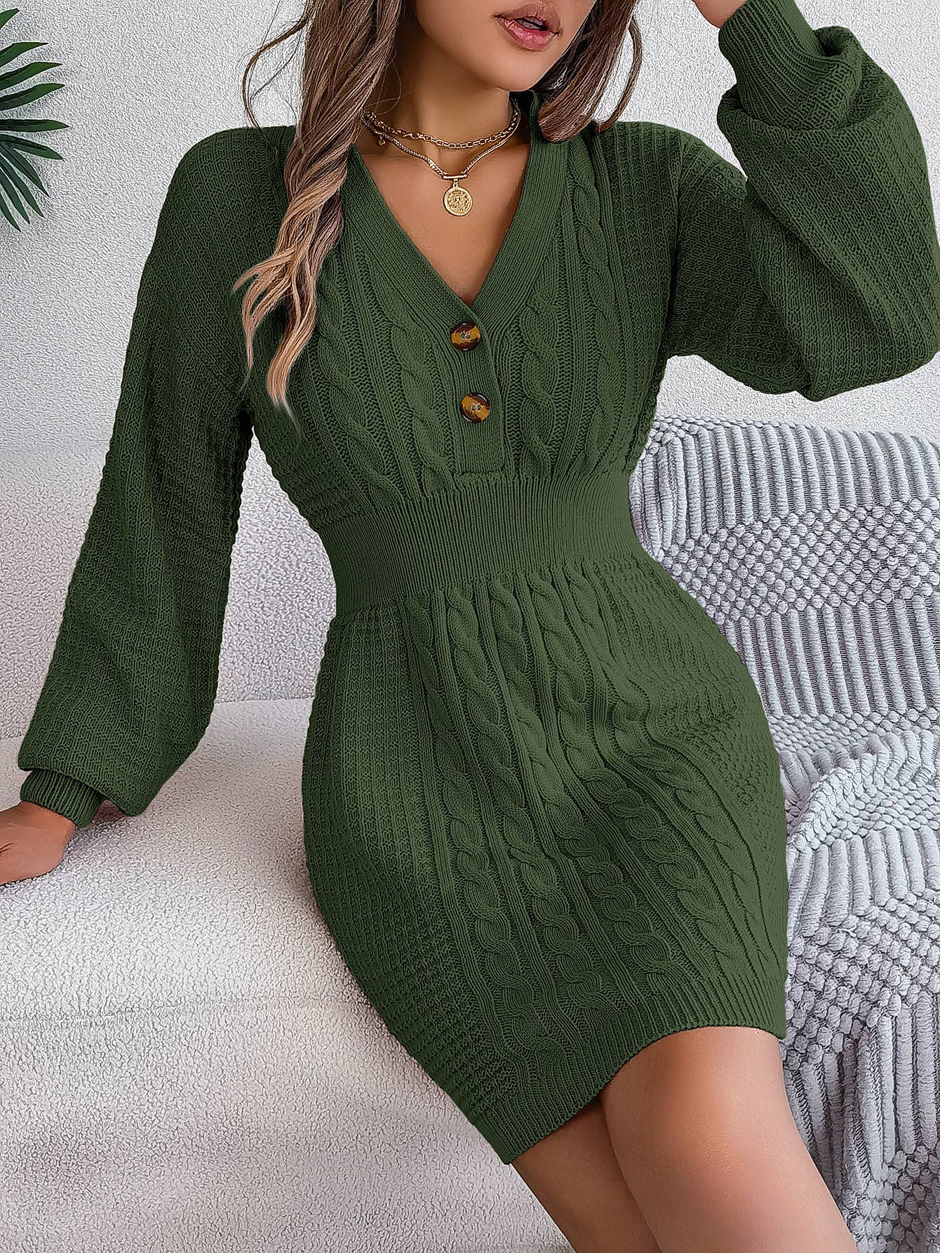 BUTTON-DOWN V-NECK SWEATER DRESS WITH HIP WRAP
