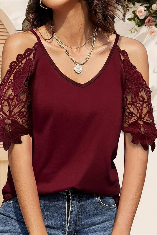 CWTTS1405_V-NECK SOLID COLOR LACE OFF-SHOULDER T-SHIRT
