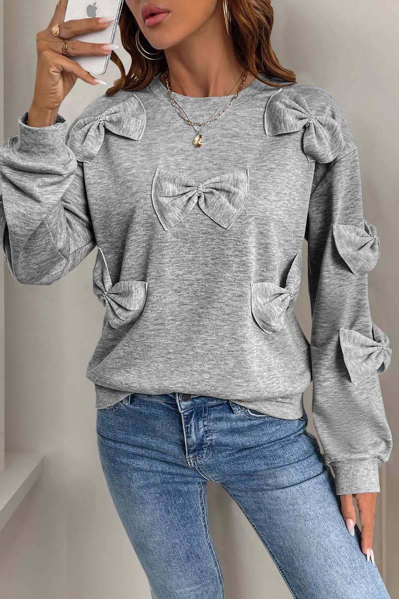 CWTBLL2465_ROUND NECK LONG SLEEVE 3D BOW SWEATSHIRT