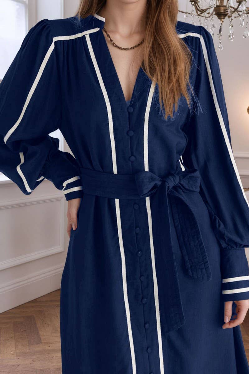 CWDMD6377_VINTAGE STRIPED V-NECK TIE WAIST MAXI DRESS