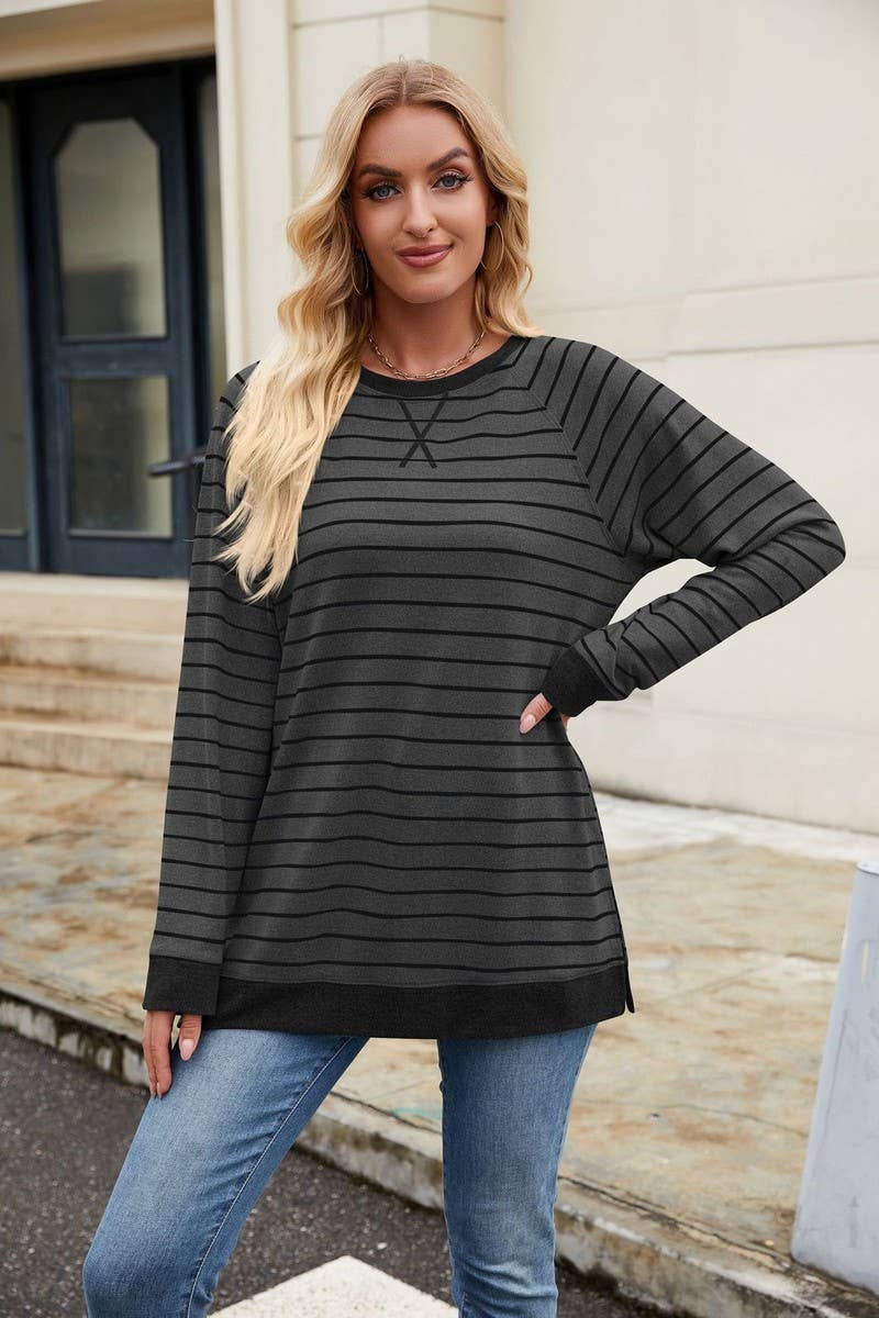 CWTBLL3663_STRIPED PATCHWORK ROUND NECK LONG SLEEVED T-SHIRT