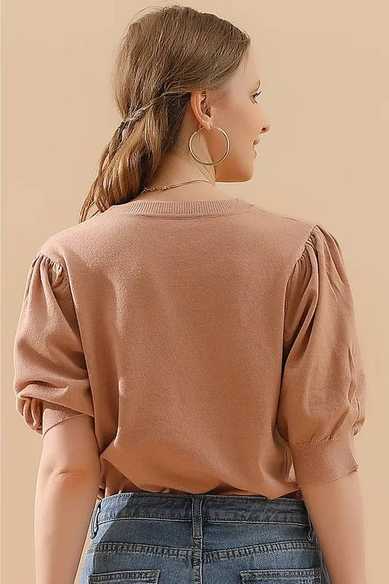 CWTTS1310_SPRING AND SUMMER ROUND NECK PLEATED SWEATER