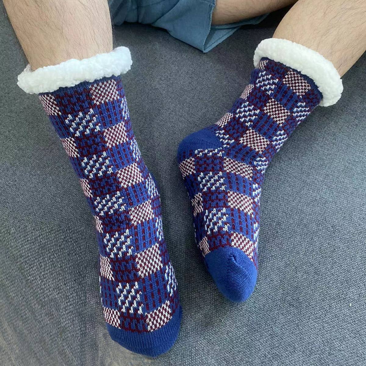 MEN KNITTED PLAID PLUSH INDOOR SLIPPERS