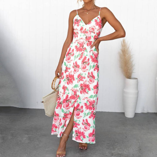 Floral print elegant slit long halter dress