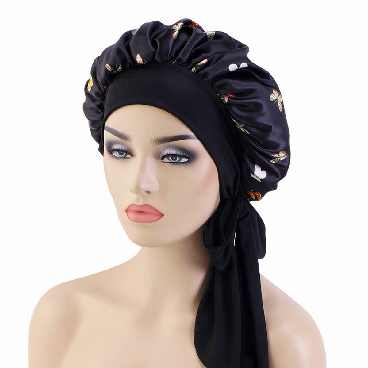 BUTTERFLY PRINT STRETCH NIGHTCAP WITH LONG RIBBON_CWAH1476