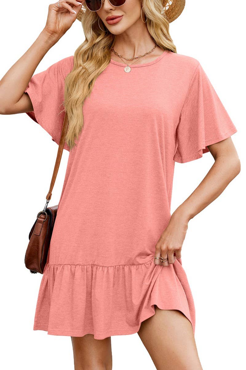CWDSD8727_SOLID RUCHED SHORT SLEEVE CASUAL CREWNECK DRESS