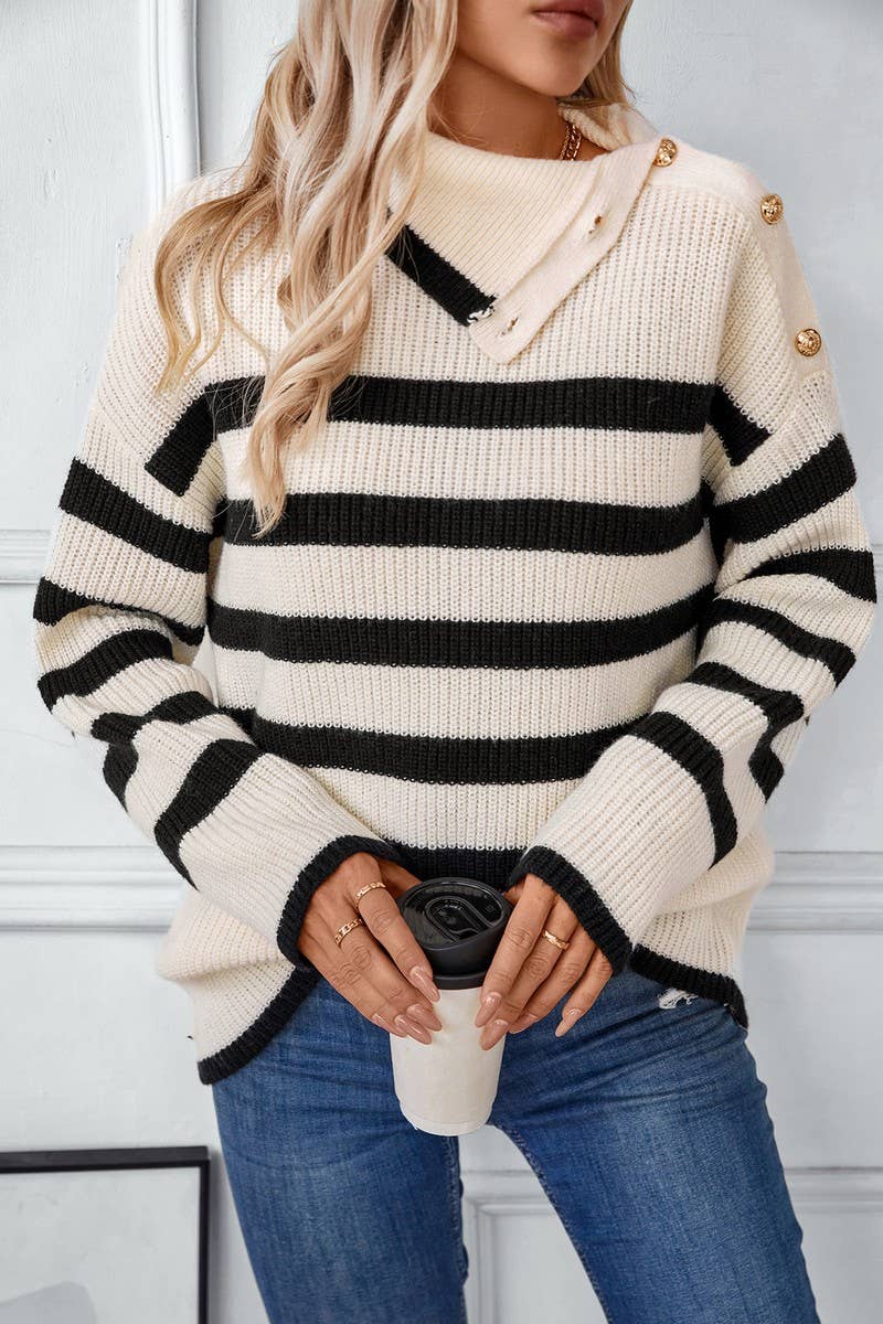 CWOSWL2828_STRIPED LAPEL BUTTON PULLOVER KNIT TOP