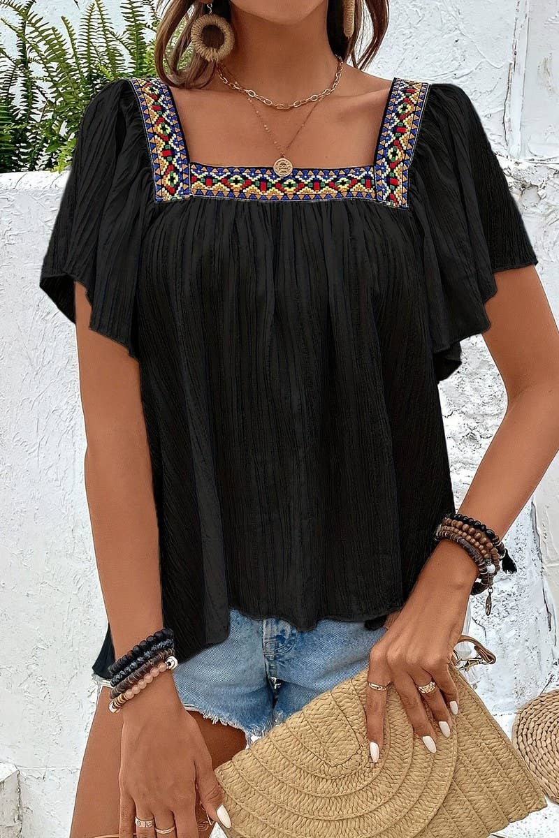 CWTBLS2011_EMBROIDERED LACE RUFFLE SLEEVE BACKLESS BLOUSE