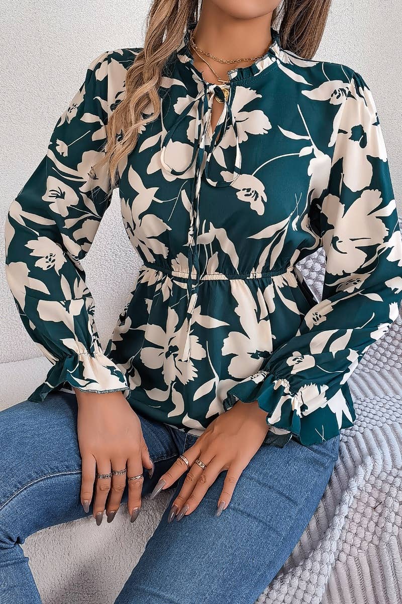 CWTBLL0954_CASUAL FLORAL LACE-UP LONG-SLEEVED CHIFFON TOP