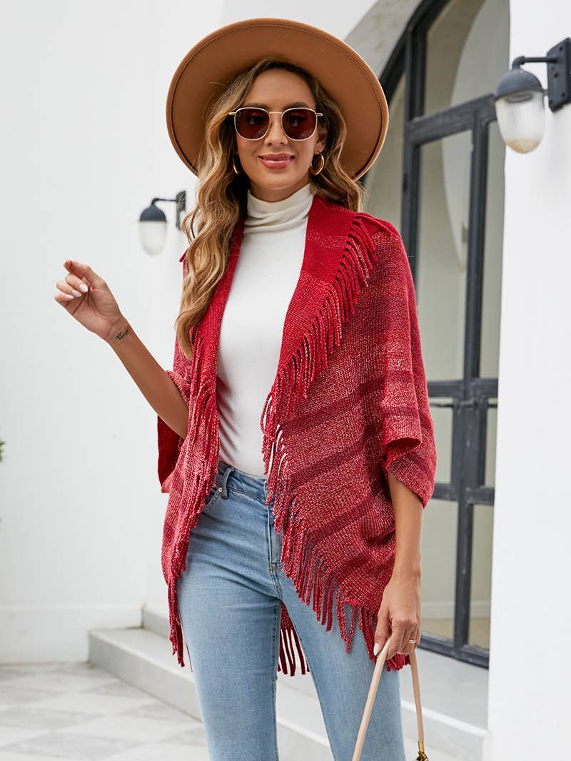FRINGED CAPE COAT KNITTED STRIPED CAPE WOMAN