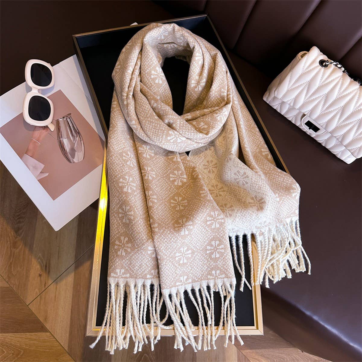 Jacquard Knit Fringe Scarf Shawl for Winter
