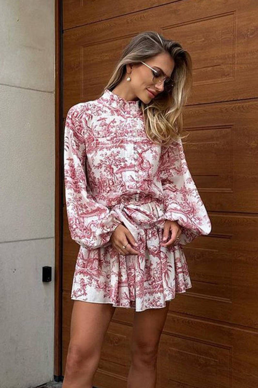 CWDSD7783_INK PRINT LONG SLEEVE STAND COLLAR DRESS
