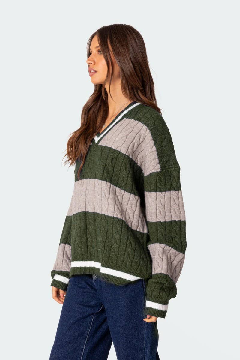 CWOSWL6749_V-NECK STRIPED CONTRAST LOOSE KNIT SWEATER