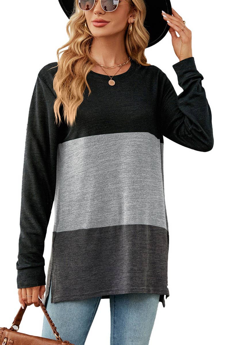 CWTBLL2411_SOLID COLOR ROUND NECK CONTRAST STITCHING T-SHIRT