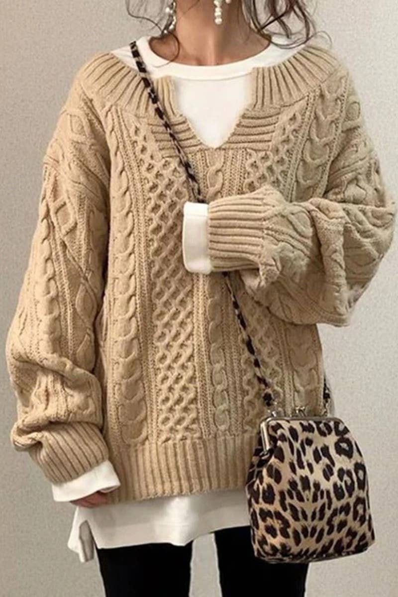 CWOSWL6645_CASUAL V-NECK LONG SLEEVE SWEATER WITH TWIST