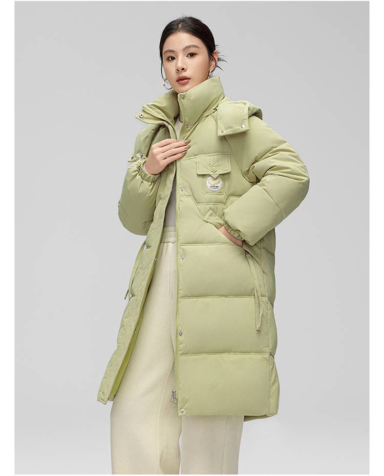 Fashionable knee-length thickened hooded jacket