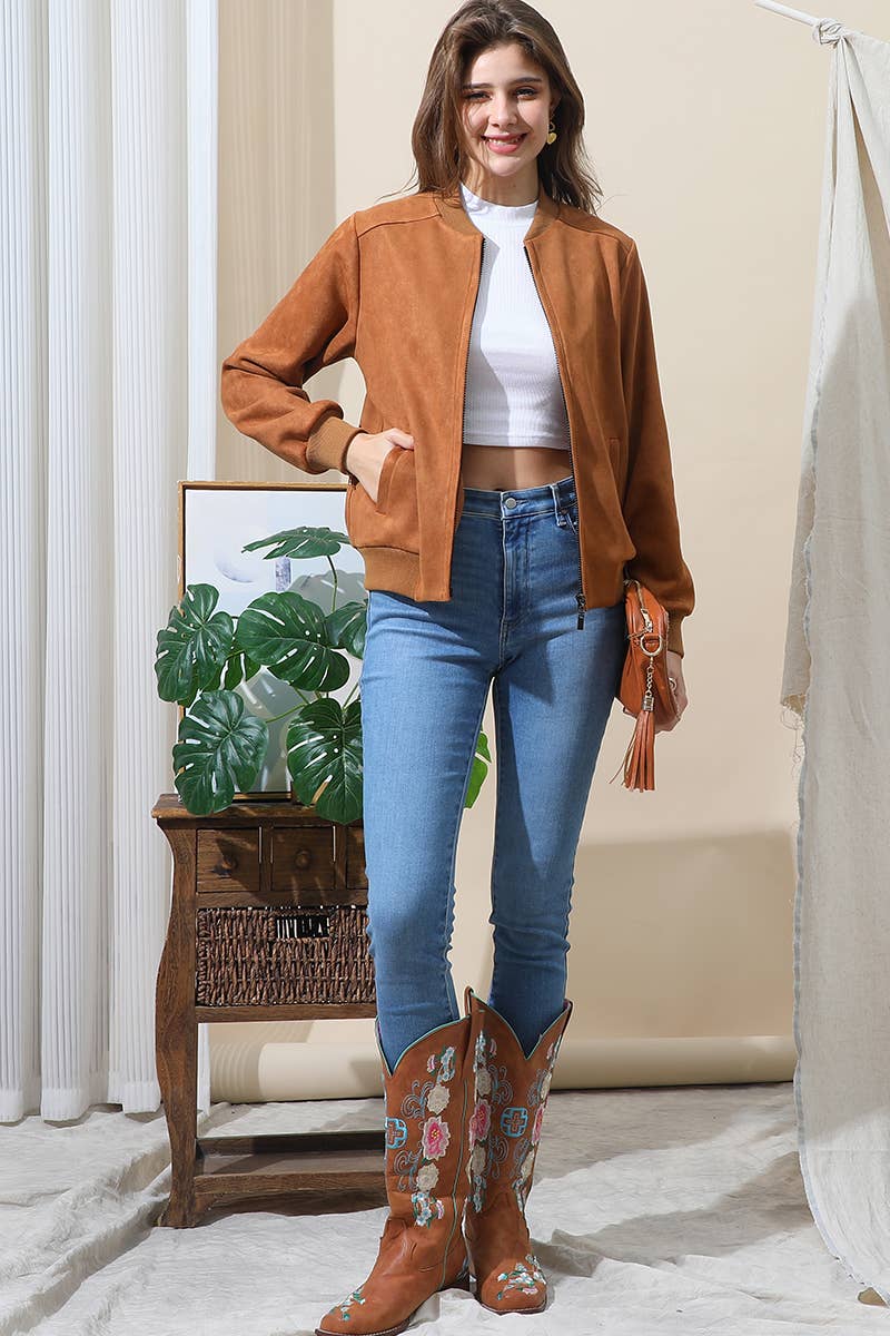 CWOJA706_WATERFALL FAUX SUEDE ZIP-UP WESTERN BOBMER JACKET