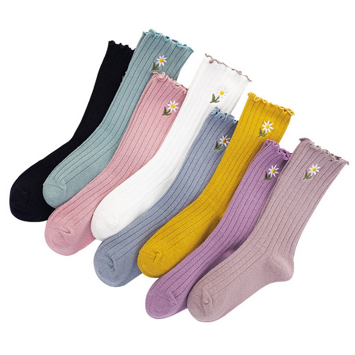 RUFFLE HEM CHRYSANTHEMUM EMBROIDERED SOCKS