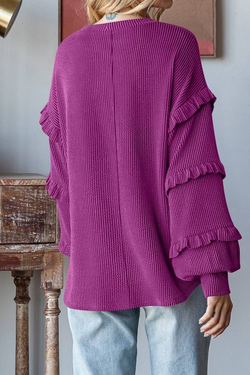 CWTBLL3202_BALLOON SLEEVE CREW NECK LAYERED SLEEVE PULLOVER