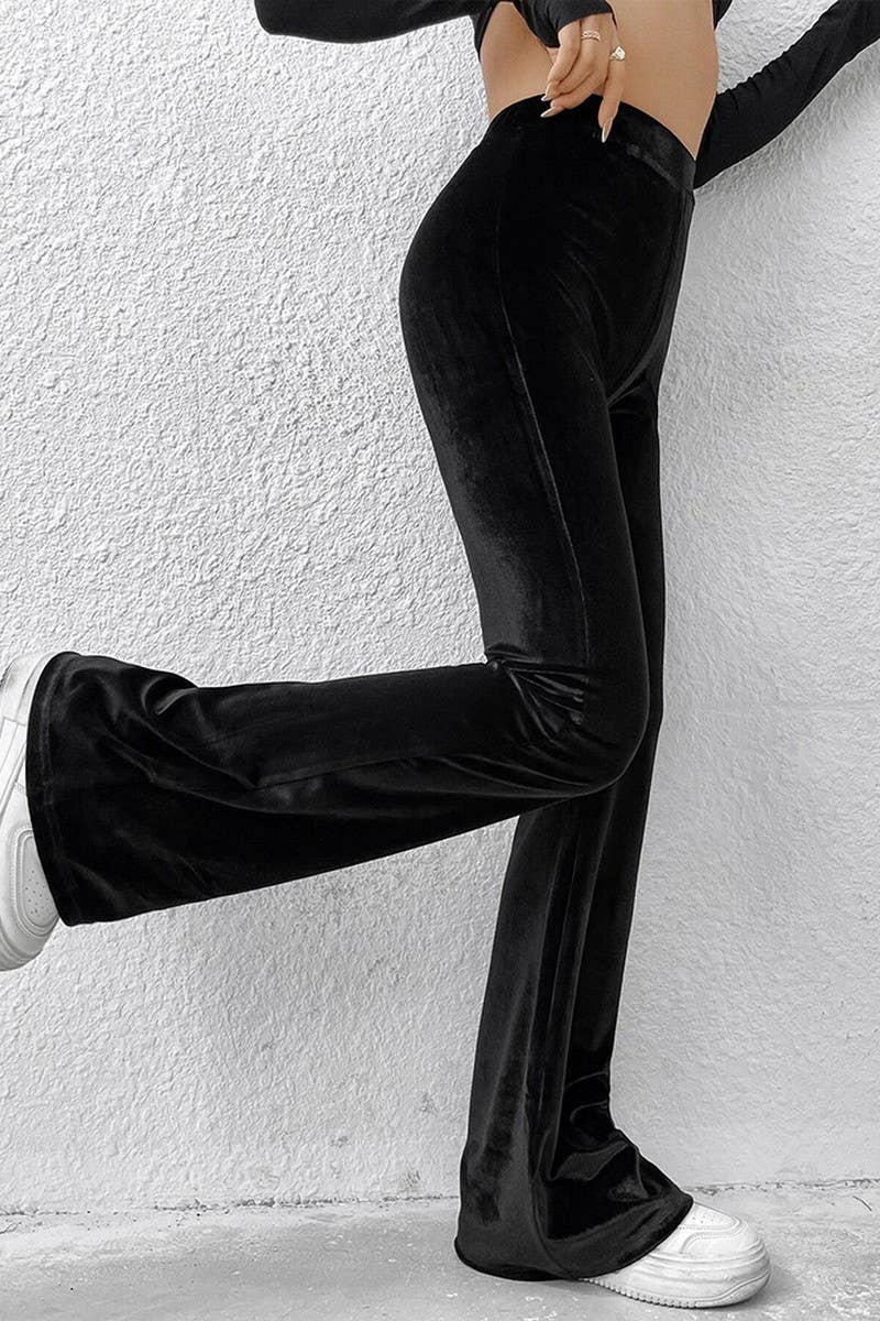 CWBLP1421_HIGH-WAISTED VELVET SLIM-FIT FLARED TROUSERS