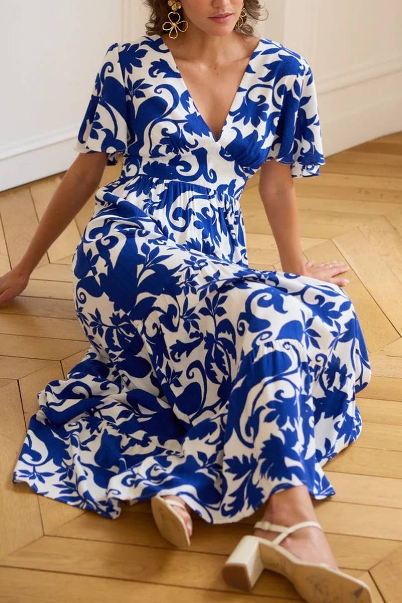 CWDMD6478_ELEGANT FLORAL V-NECK SHORT SLEEVE MAXI DRESS