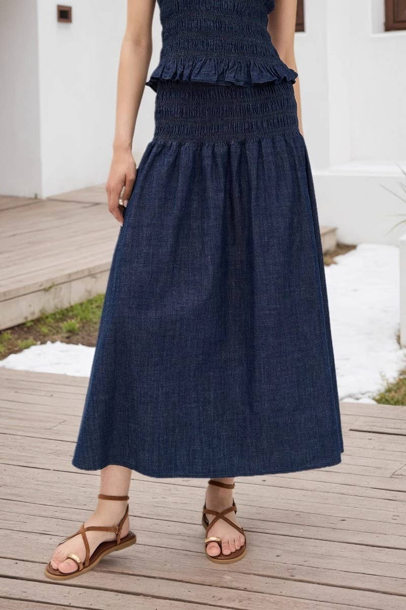 CWBLS0664_DARK BLUE HIGH WAIST RUFFLED DENIM SKIRT