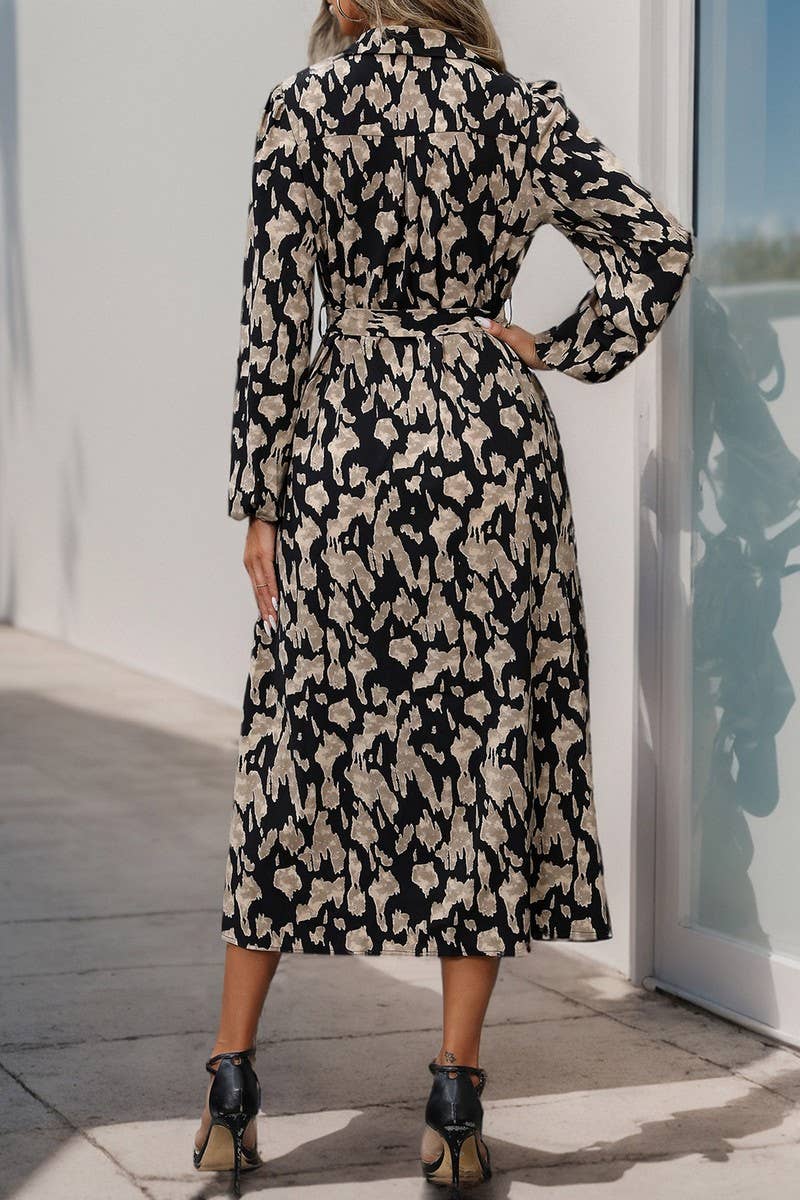 CWDMD3563_LONG SLEEVE TIE PRINT CARDIGAN DRESS