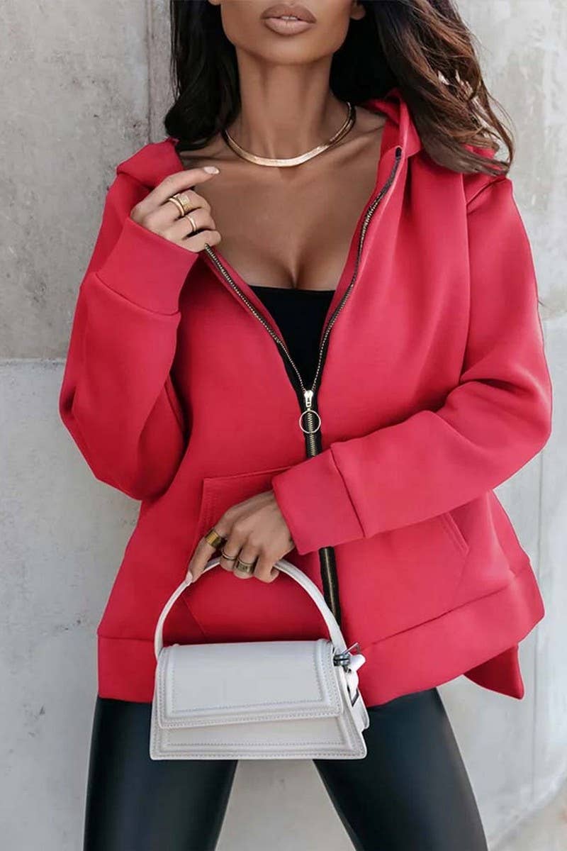 CWOCO0934_SOLID COLOR ZIPPER HOODED CARDIGAN SWEATSHIRT