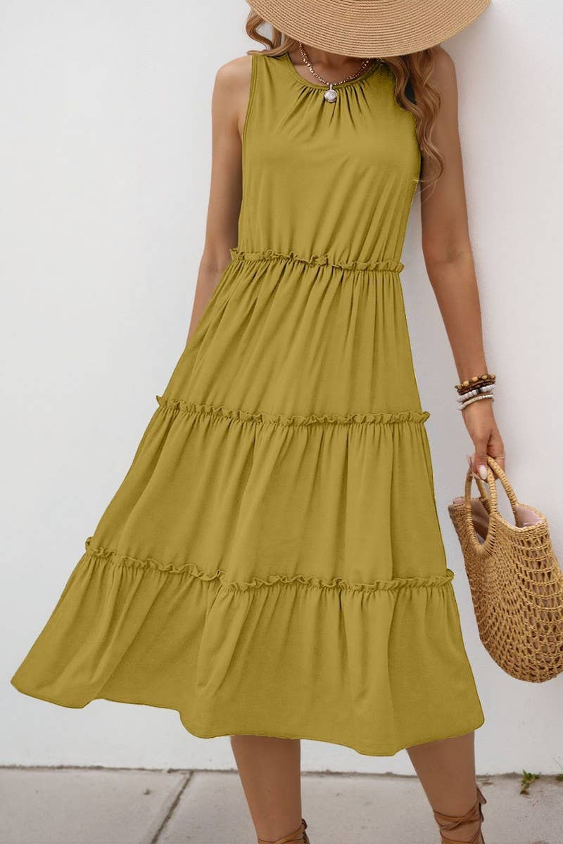 CWDMD5773_SOLID RUFFLED SLEEVELESS PLEATED MIDI DRESS